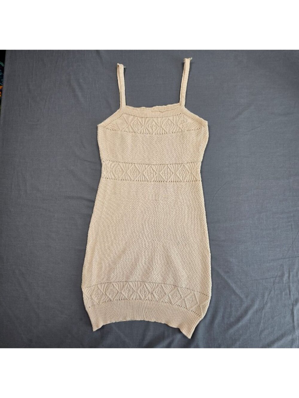 Hello Molly XS Knit Bodycon Beige Mini Dress Sleeveless 100% Cotton Diamond Boho